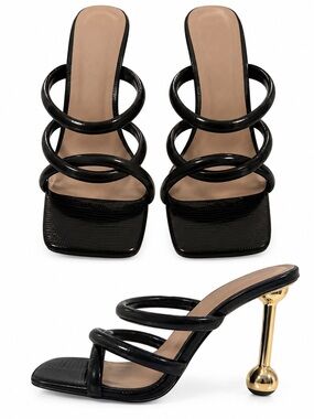 SHEIN Black Strappy Heels with Gold Sculptural Heel